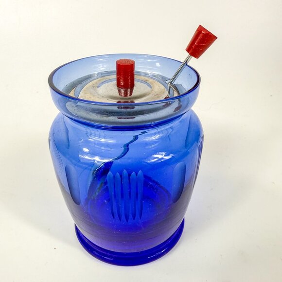 Vintage Cobalt Blue Glass Lidded Etched Condiment Jar and Spoon - Picture 2 of 5